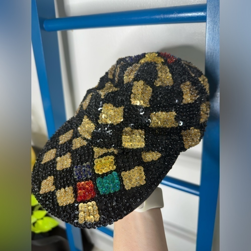 Vintage 1980s Hurry Up! Full Sequin Baseball Cap Hat in Black Red Green Gold - Picture 3 of 7
